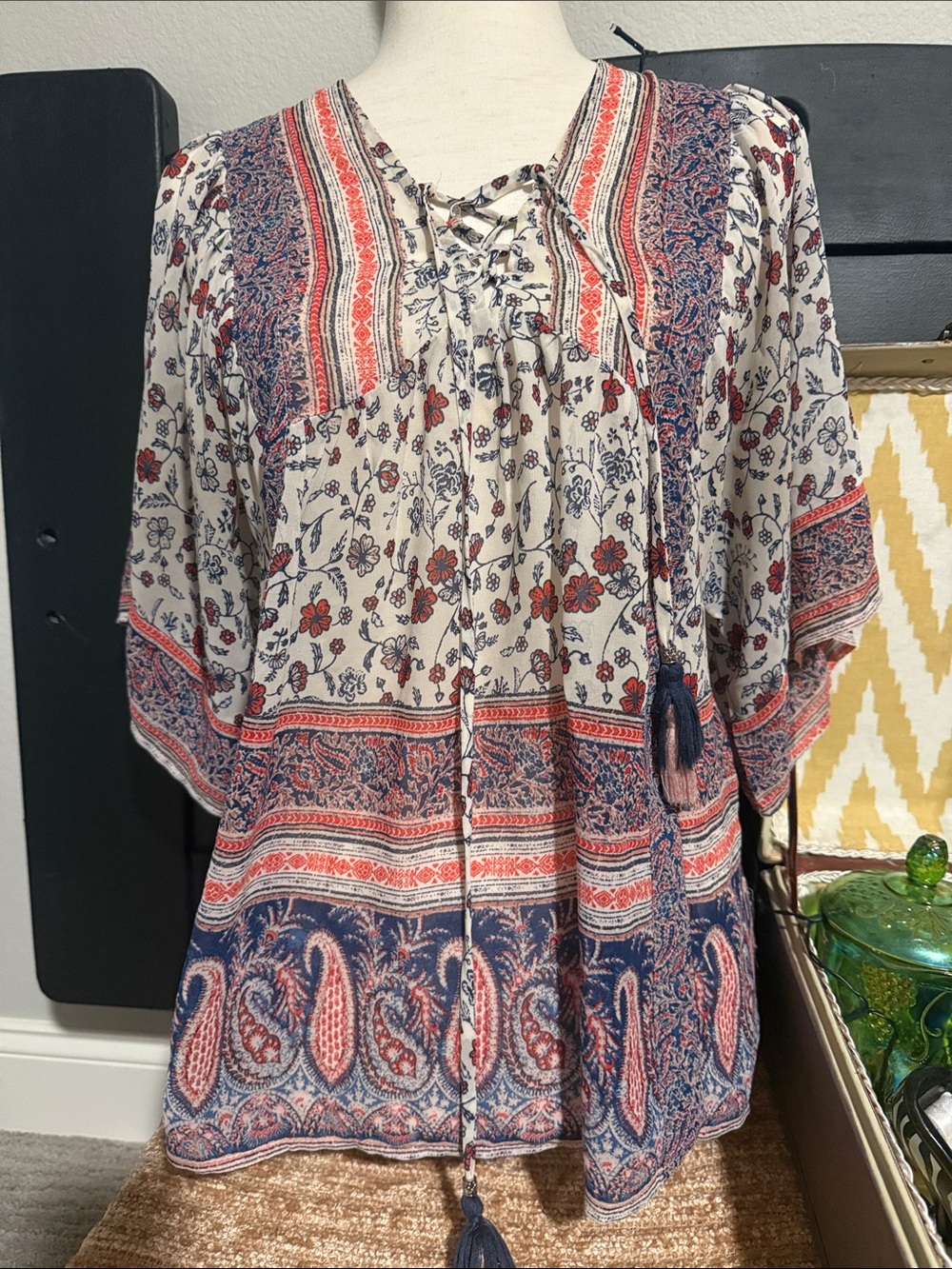 Boho Floral Lace-Up Peasant Top — Cream, Navy & Rust